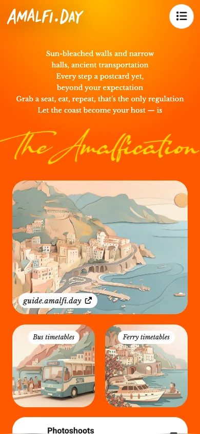 Amalfi.Day mobile interface shown at phone width