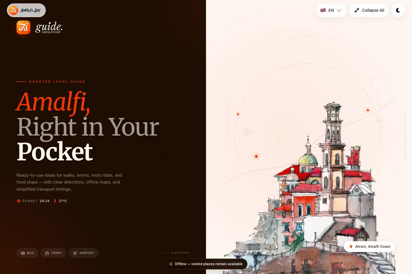 Amalfi Guide desktop interface shown in a browser