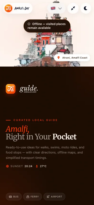 Amalfi Guide mobile interface shown at phone width