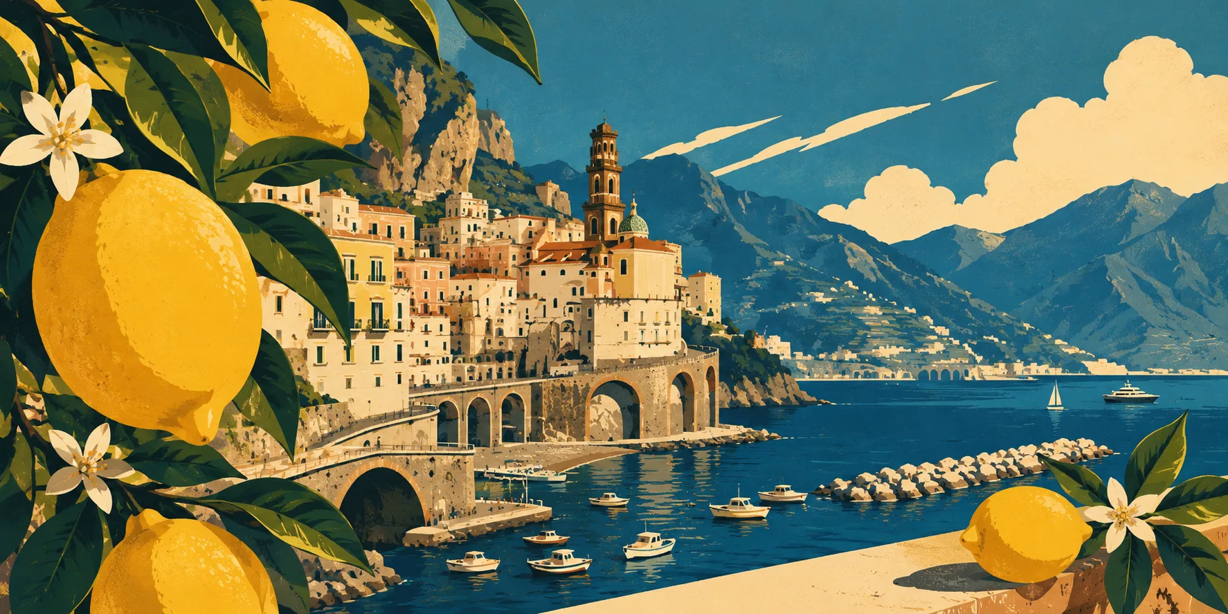Illustrated view of Atrani framed by lemon branches from the Atrani.ru coast news section