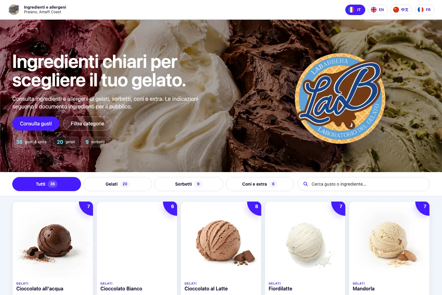 Gelateria Barbera LaB desktop interface shown in a browser