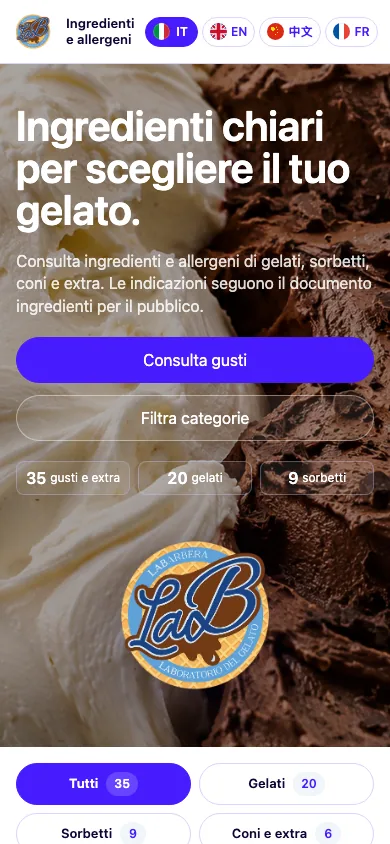 Gelateria Barbera LaB mobile interface shown at phone width