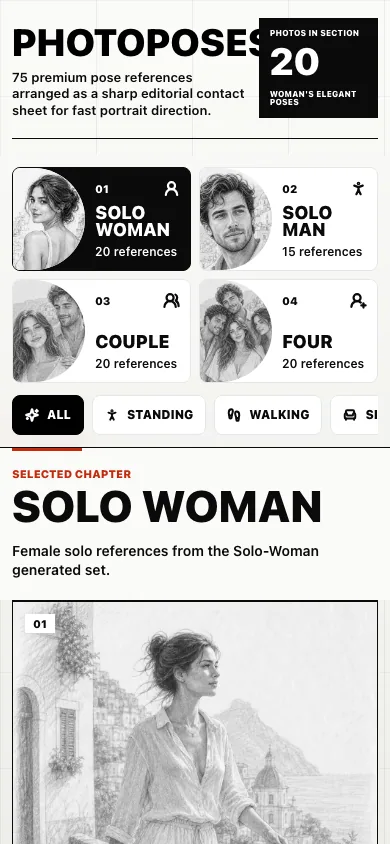 PhotoPoses mobile interface shown at phone width