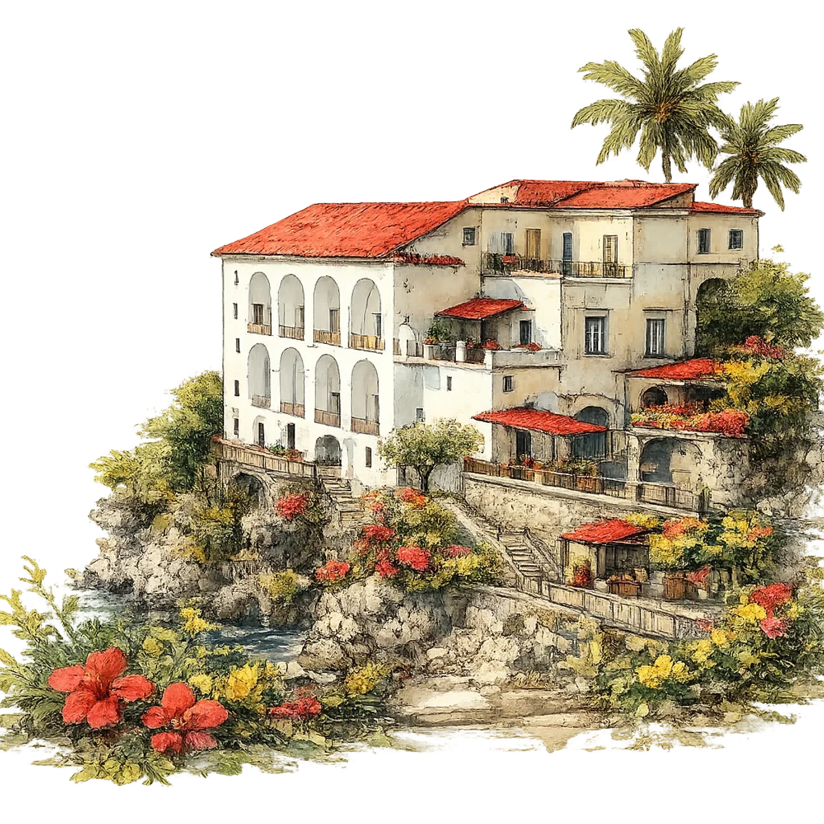 Watercolour illustration of the villa used in the guest guide