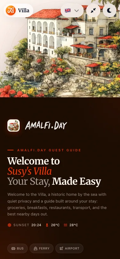 Villa Guest Guide mobile interface shown at phone width